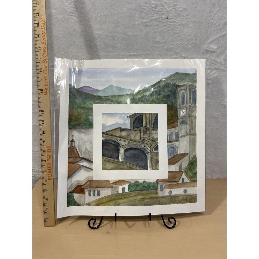 Susan Haden Original Watercolor European Village Clock Tower Landscape Artโ